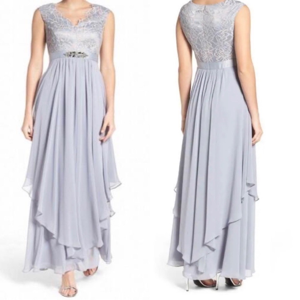 ELIZA J Embellished Flowy Gown Light Gray Maxi Dress Size 4